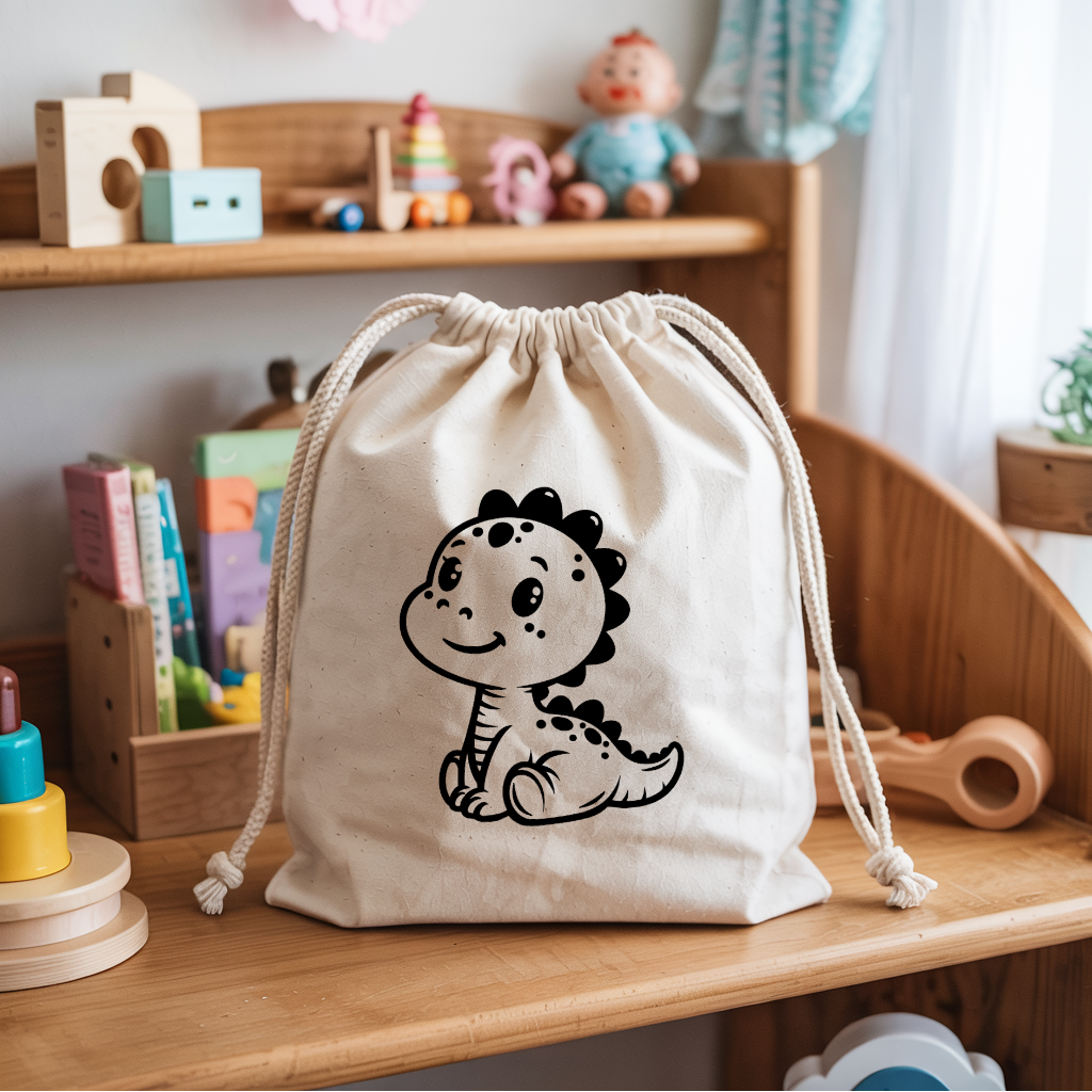 Sac pochon bébé personnalisé dinosaure espiègle en coton avec flocage couleur - MARJANE et Cie