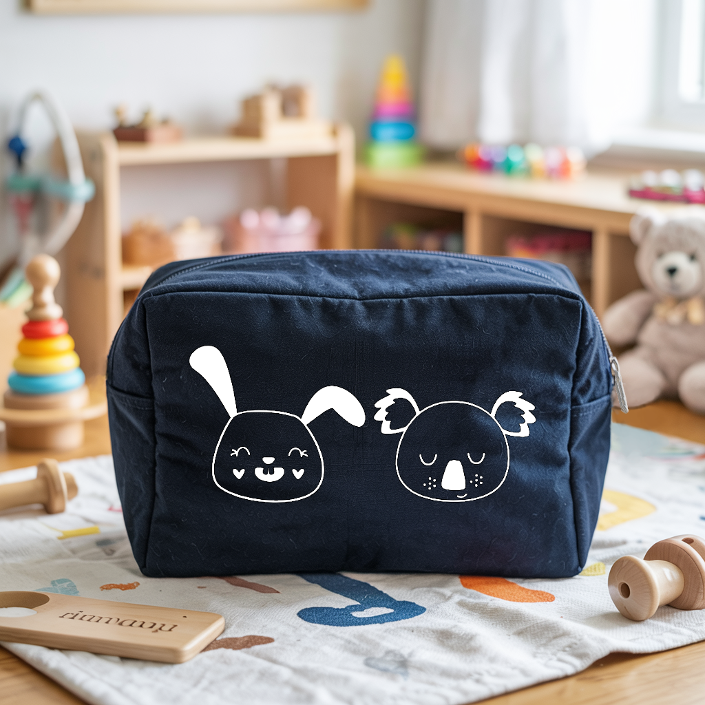 Trousse bébé personnalisée lapin et koala adorables en toile recyclée bleu marine avec flocage blanc - MARJANE et Cie