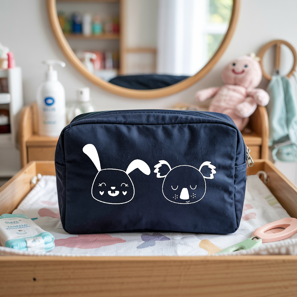 Trousse bébé personnalisable lapin et koala adorables bleu marine, écoresponsable, cadeau naissance - MARJANE et Cie