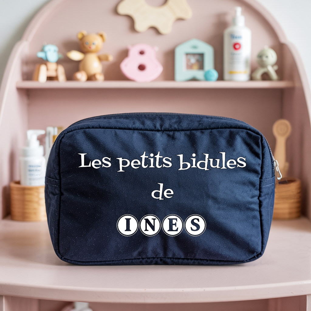 Trousse bébé personnalisable lapin et koala adorables face personnalisation texte en toile bleu avec flocage, écoresponsable - MARJANE et Cie