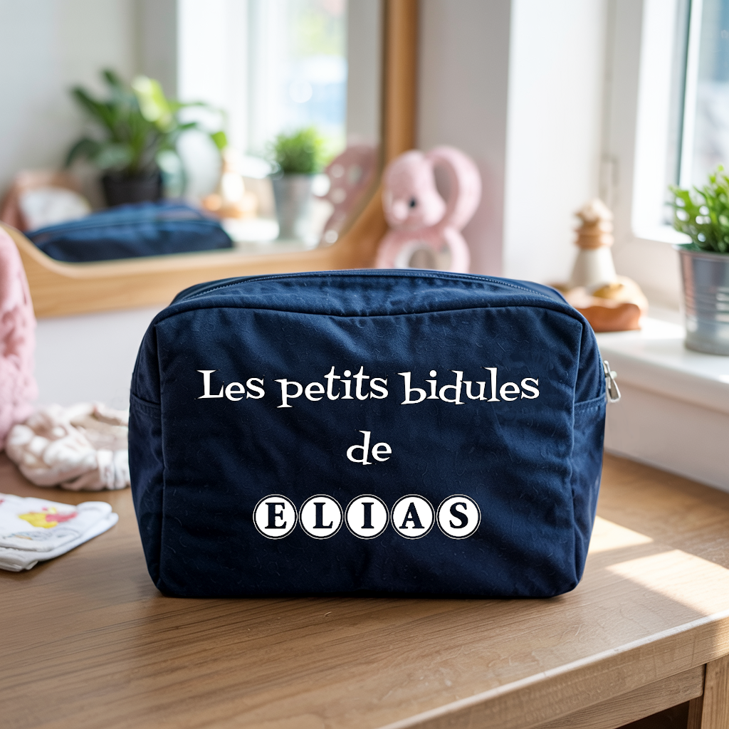 Trousse bébé personnalisée zèbre et tigre face personnalisation prénom en toile recyclée avec flocage - MARJANE et Cie