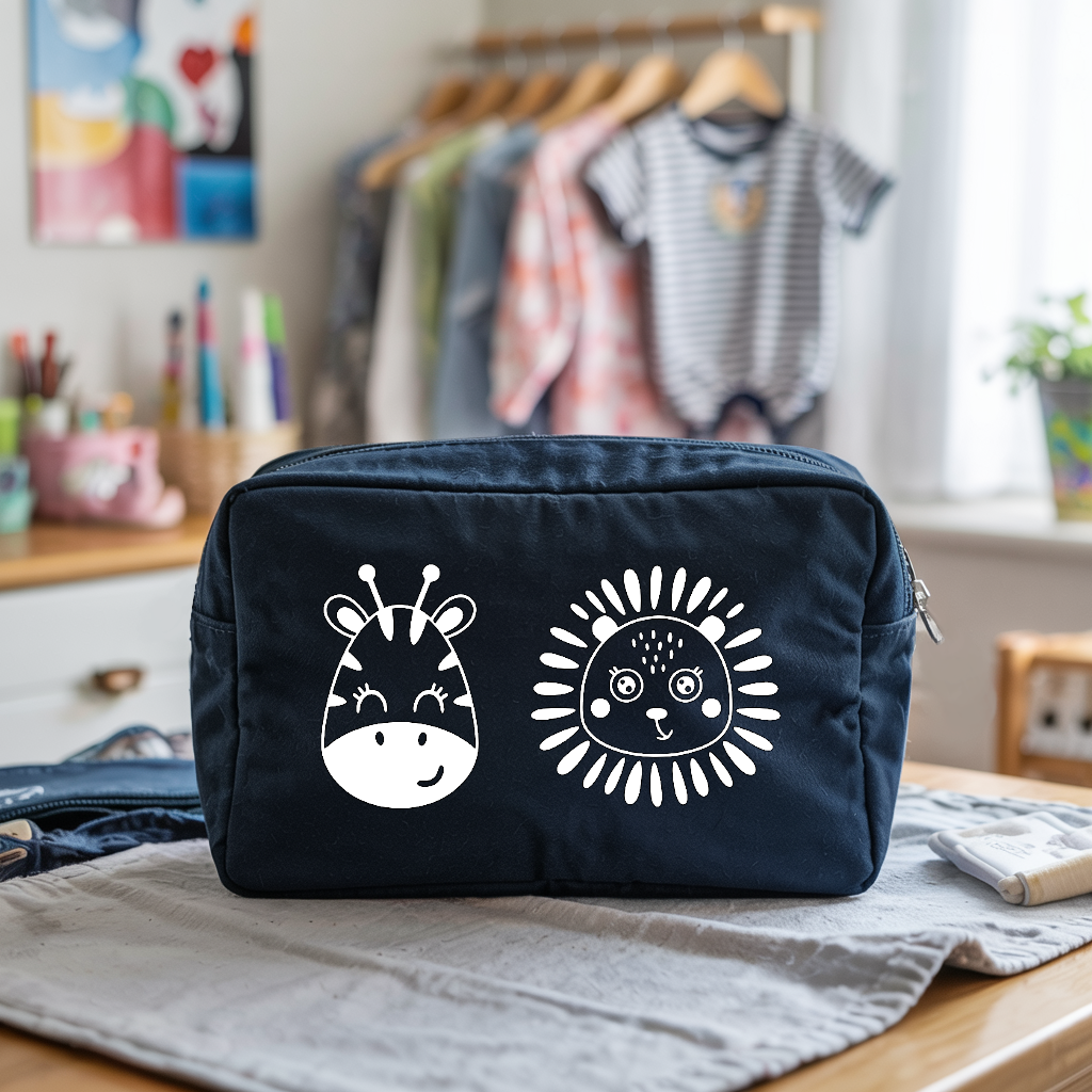 Trousse bébé personnalisable zèbre et lion bleu marine, écoresponsable, cadeau naissance - MARJANE et Cie