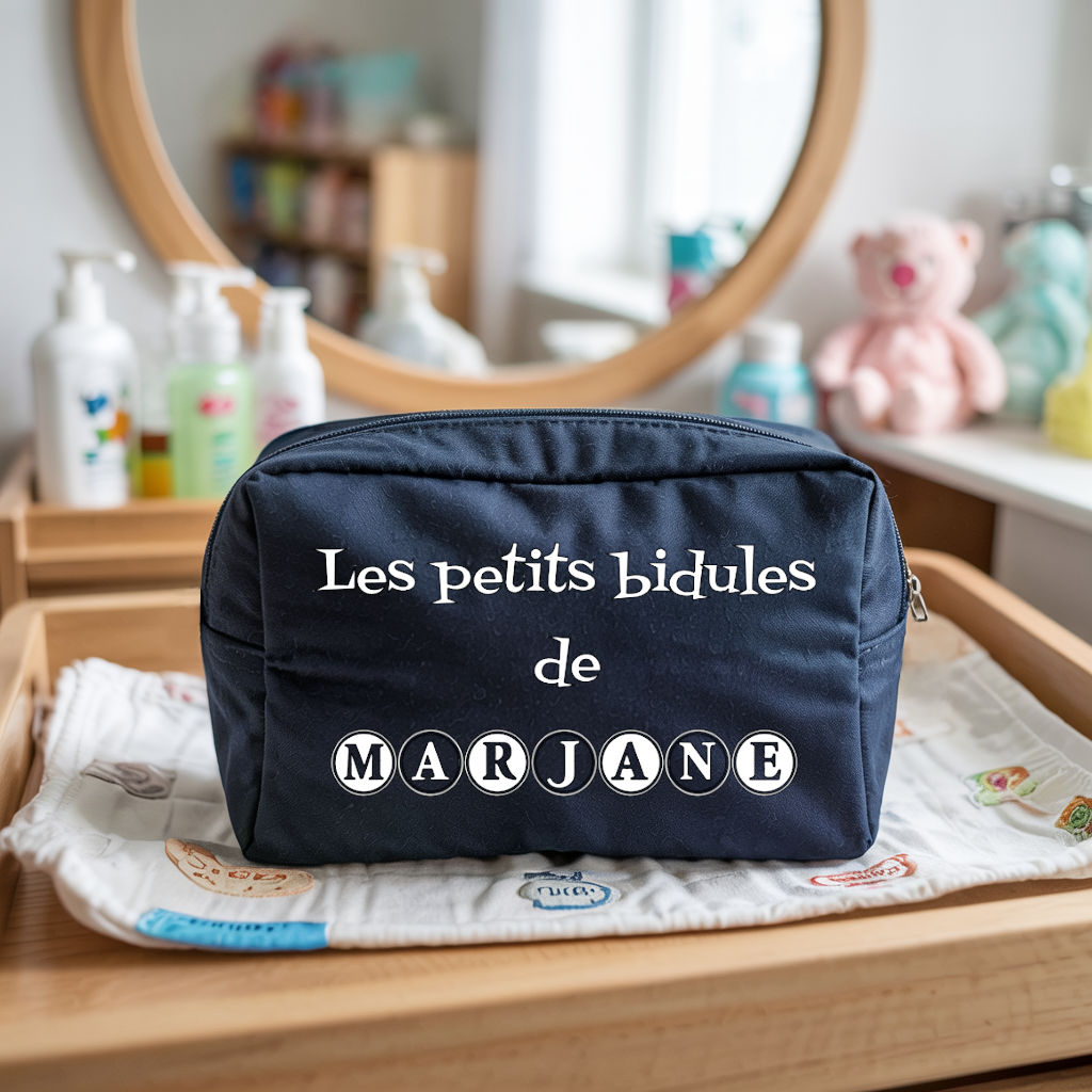 Trousse bébé personnalisable zèbre et lion face personnalisation prénom en toile recyclée avec flocage - MARJANE et Cie