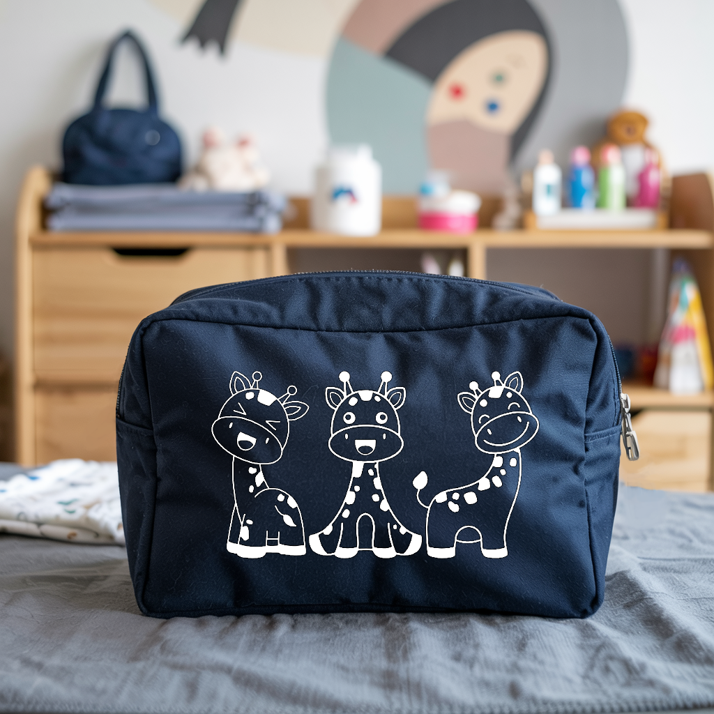 Trousse bébé personnalisée girafes malicieuses en toile recyclée bleu marine avec flocage blanc - MARJANE et Cie