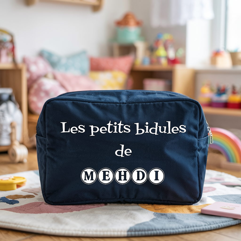 Trousse bébé personnalisée girafes malicieuses face personnalisation prénom en toile recyclée avec flocage - MARJANE et Cie