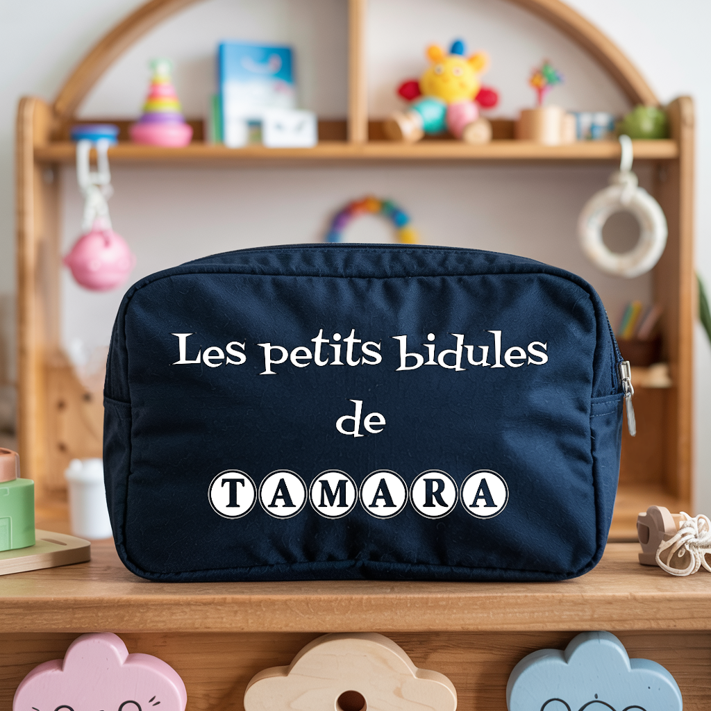 Trousse bébé personnalisable girafes malicieuses face personnalisation texte en toile bleu avec flocage, écoresponsable - MARJANE et Cie