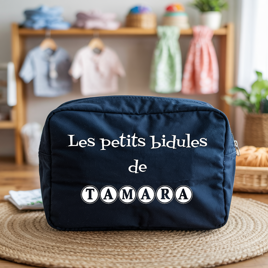 Trousse bébé personnalisée manchots dansants face personnalisation prénom en toile recyclée avec flocage - MARJANE et Cie