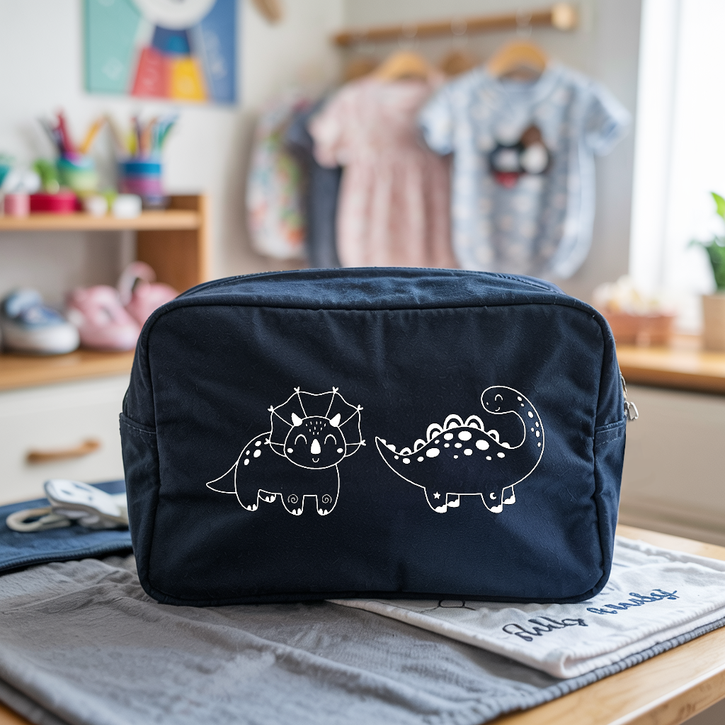 Trousse bébé personnalisable Dinosaures complices bleu marine, écoresponsable, cadeau naissance - MARJANE et Cie