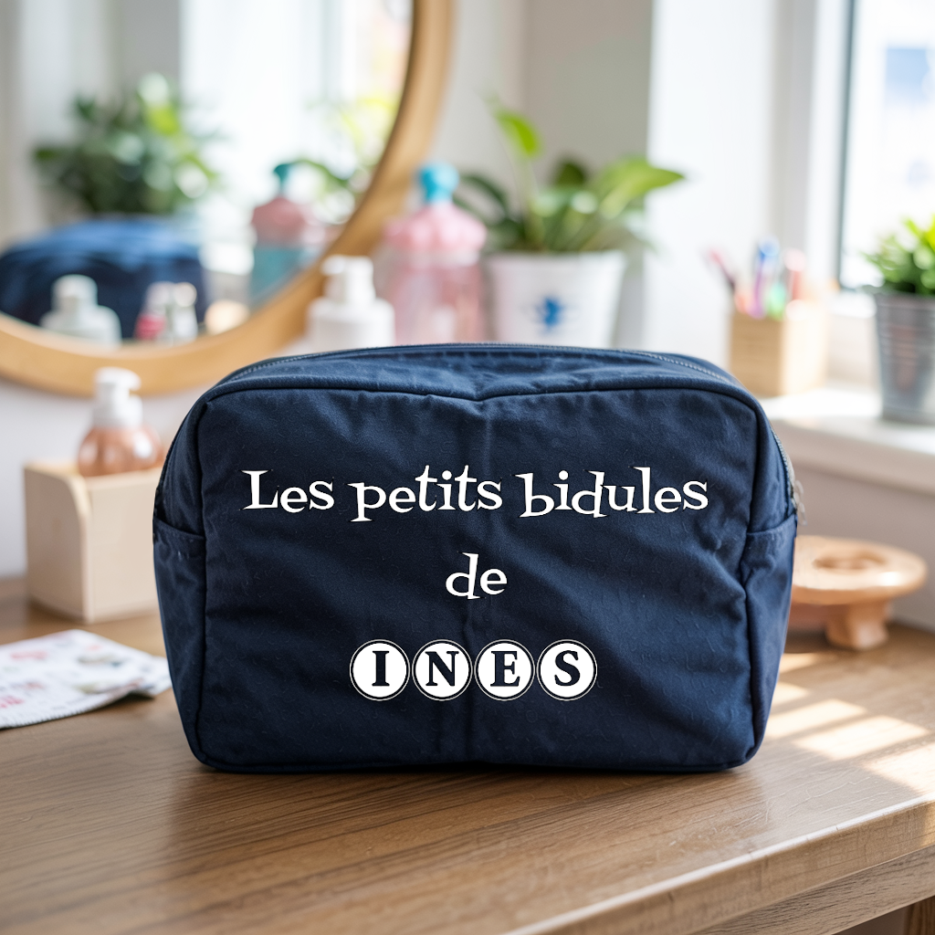 Trousse bébé personnalisable Dinosaures complices face personnalisation texte en toile bleu avec flocage, écoresponsable - MARJANE et Cie