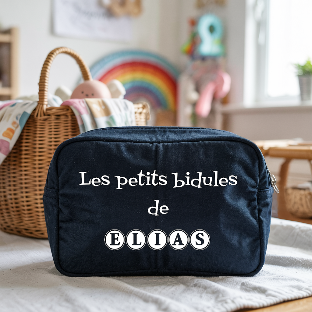 Trousse bébé personnalisée Chien joyeux face personnalisation prénom en toile recyclée avec flocage - MARJANE et Cie
