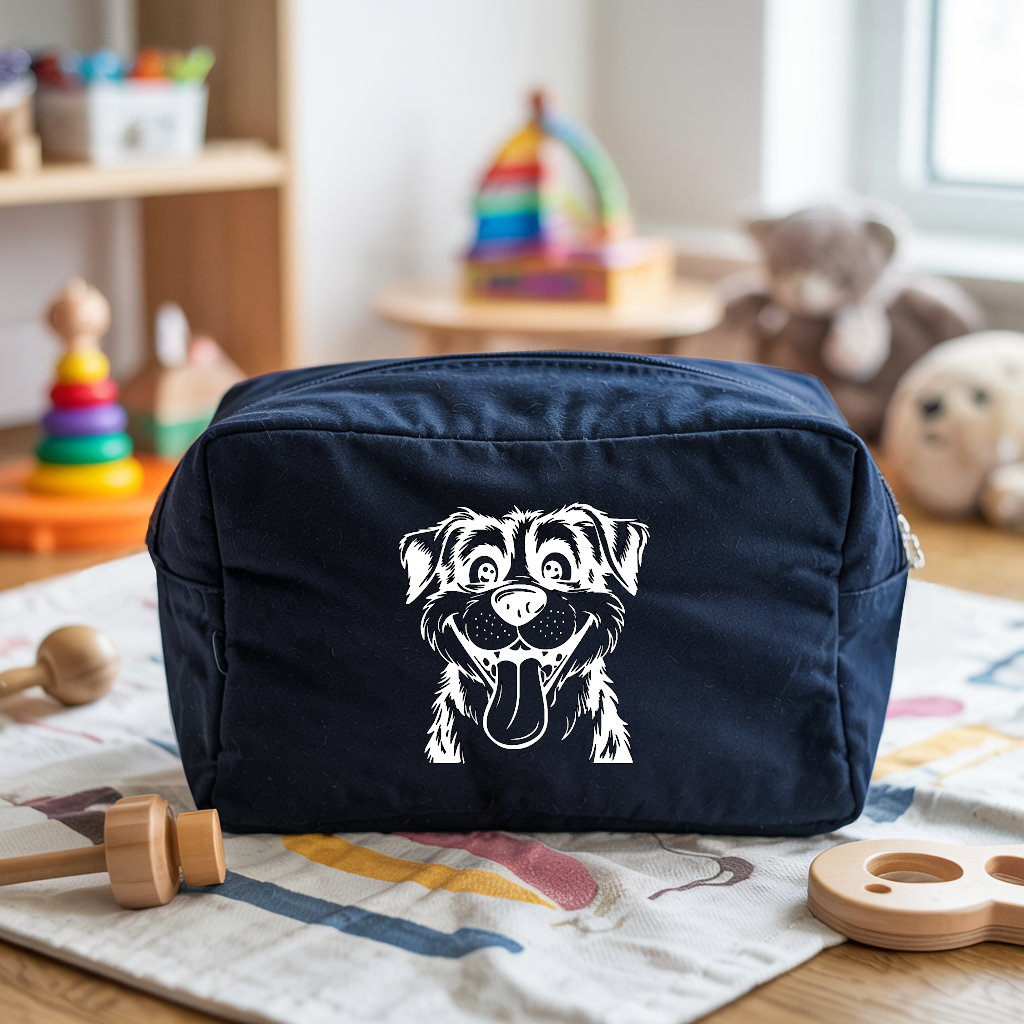 Trousse bébé personnalisée Chien joyeux en toile recyclée bleu marine avec flocage blanc - MARJANE et Cie