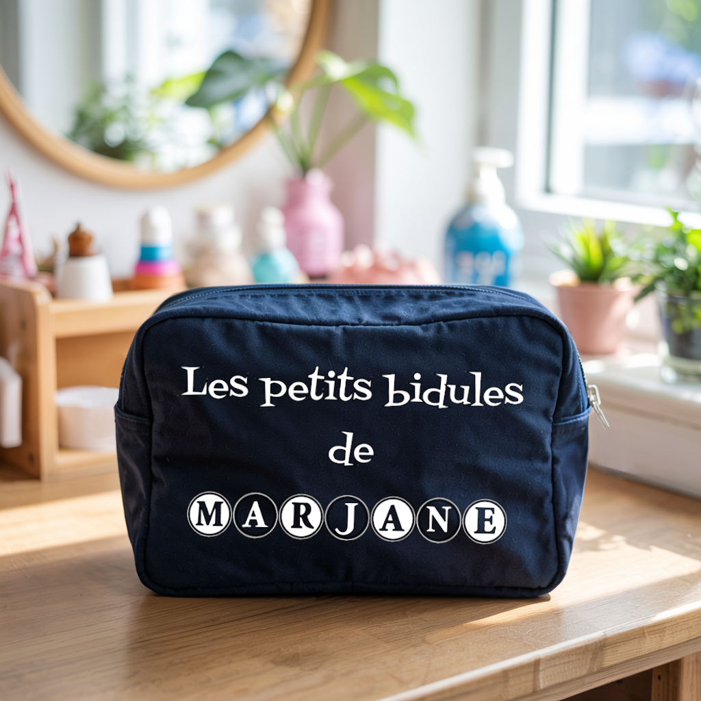 Trousse bébé personnalisable Chien joyeux face personnalisation texte en toile bleu avec flocage, écoresponsable - MARJANE et Cie