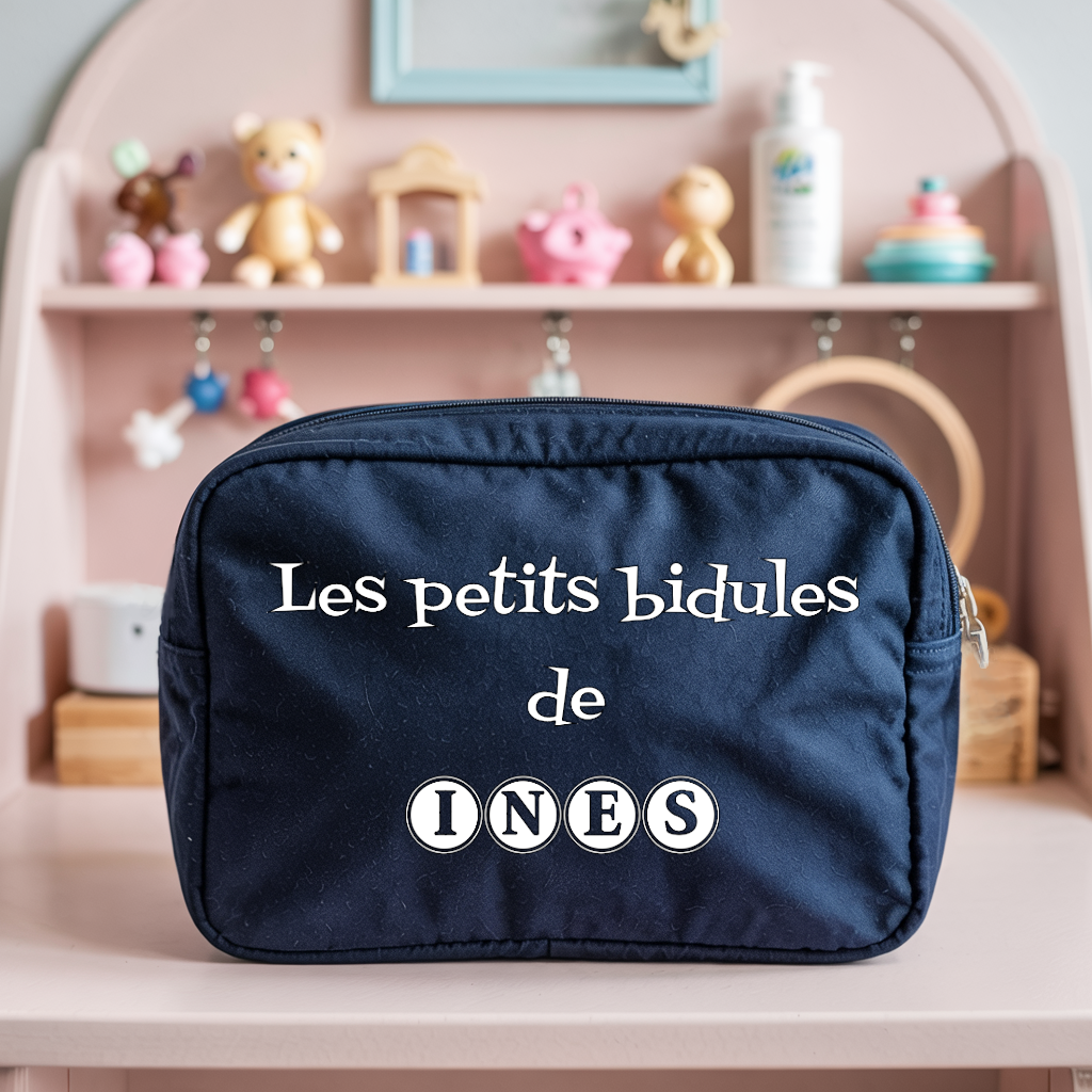 Trousse bébé personnalisée Singe rieur face personnalisation prénom en toile recyclée avec flocage - MARJANE et Cie