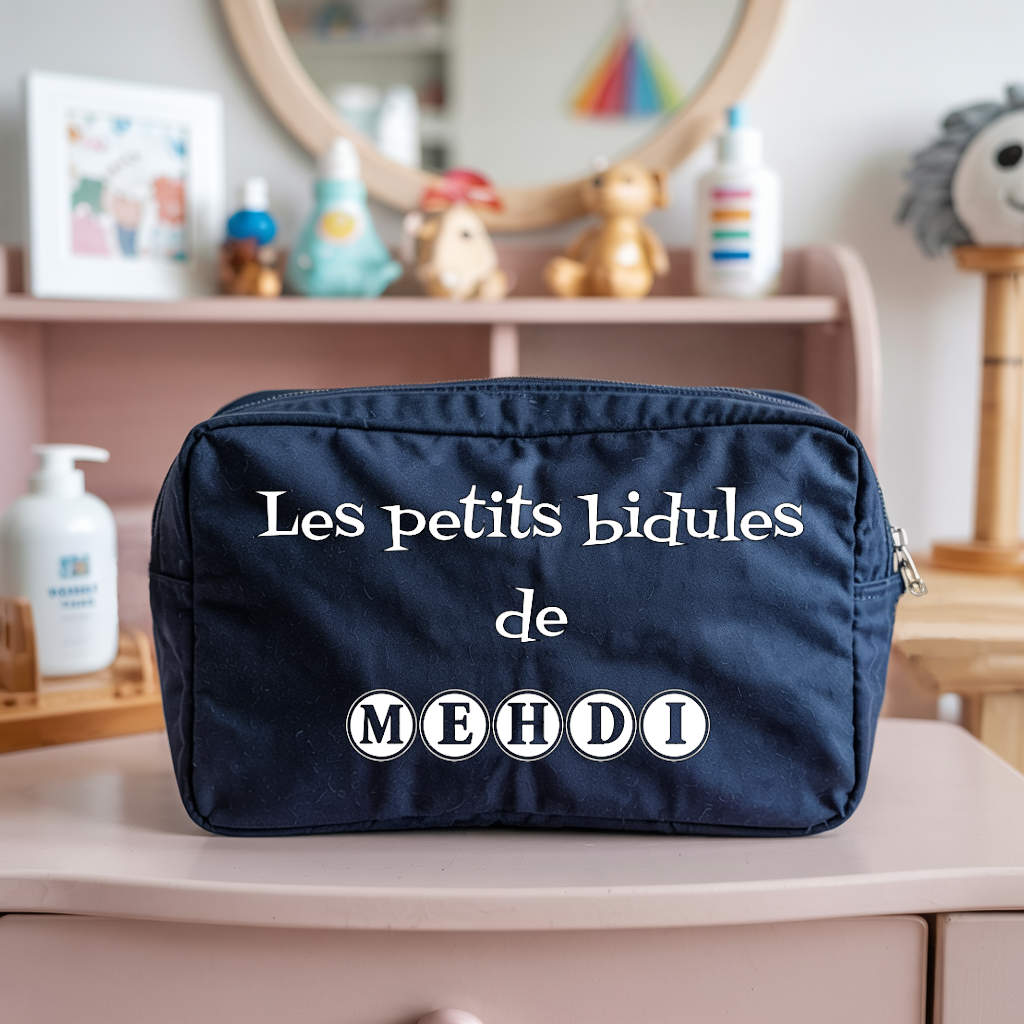 Trousse bébé personnalisable Maman panda face personnalisation texte en toile bleu avec flocage, écoresponsable - MARJANE et Cie