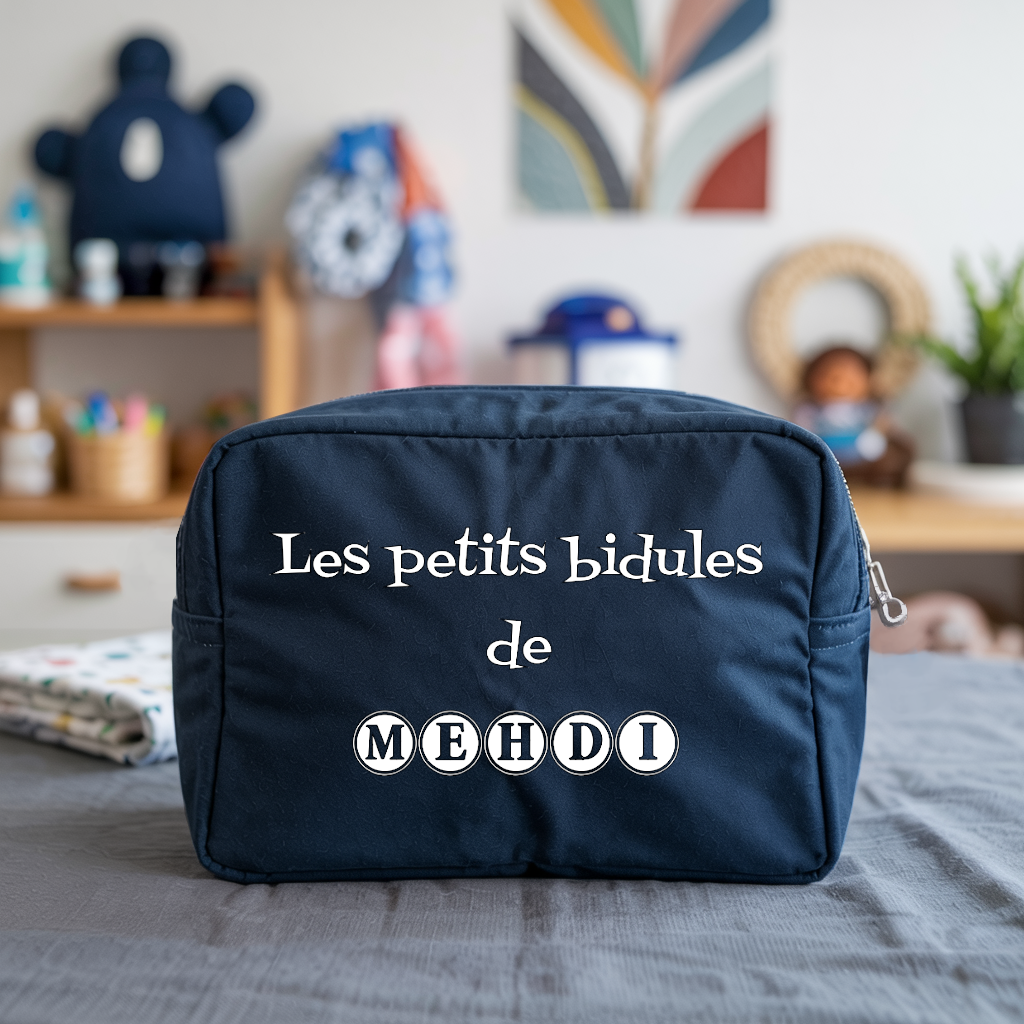 Trousse bébé personnalisable Eléphant paisible face personnalisation prénom en toile recyclée avec flocage - MARJANE et Cie
