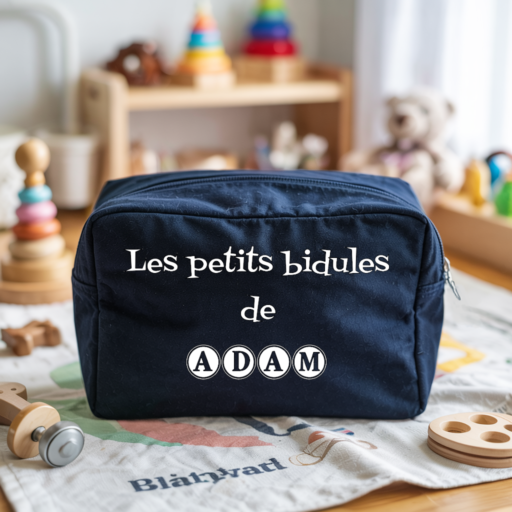 Trousse bébé personnalisée Papillon élégant face personnalisation texte en toile bleu avec flocage, écoresponsable - MARJANE et Cie
