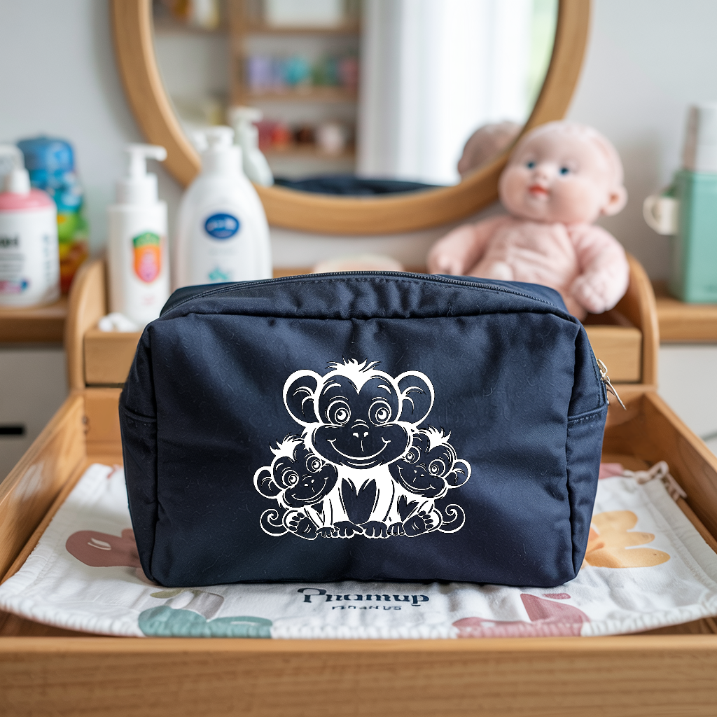 Trousse bébé personnalisable Maman singe et ses petits bleu marine, écoresponsable, cadeau naissance - MARJANE et Cie