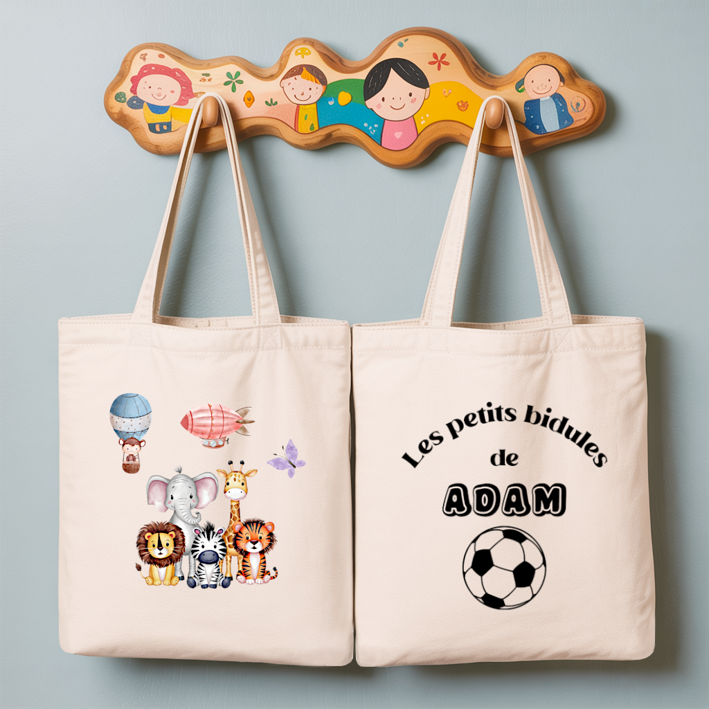 Tote bag bébé personnalisé recto Compagnons d’aventure et verso prénom en coton blanc avec flocage couleur - MARJANE et Cie