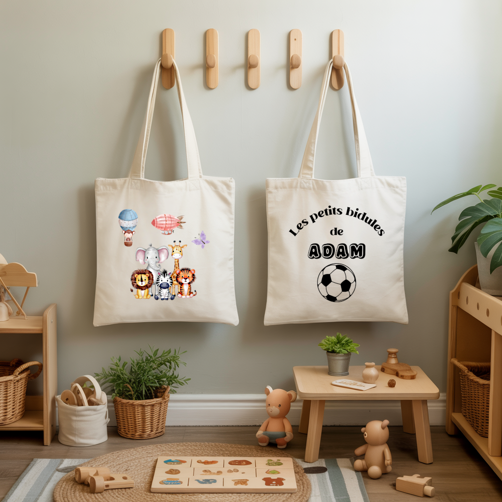 Tote bag bébé personnalisable Compagnons d’aventure et texte en coton avec flocage couleur, écoresponsable - MARJANE et Cie