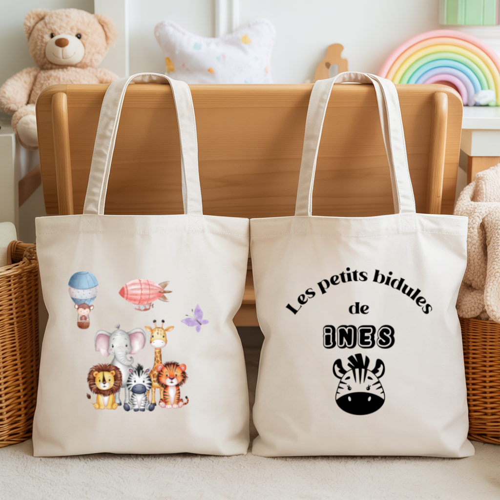 Tote bag bébé personnalisé face Compagnons d’aventure et face prénom en coton avec flocage, cadeau naissance - MARJANE et Cie