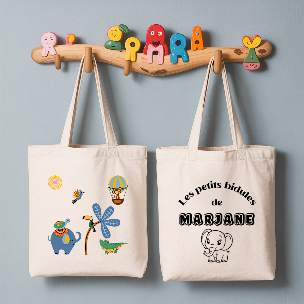 Tote bag bébé personnalisé recto Sieste au soleil et verso prénom en coton blanc avec flocage couleur - MARJANE et Cie