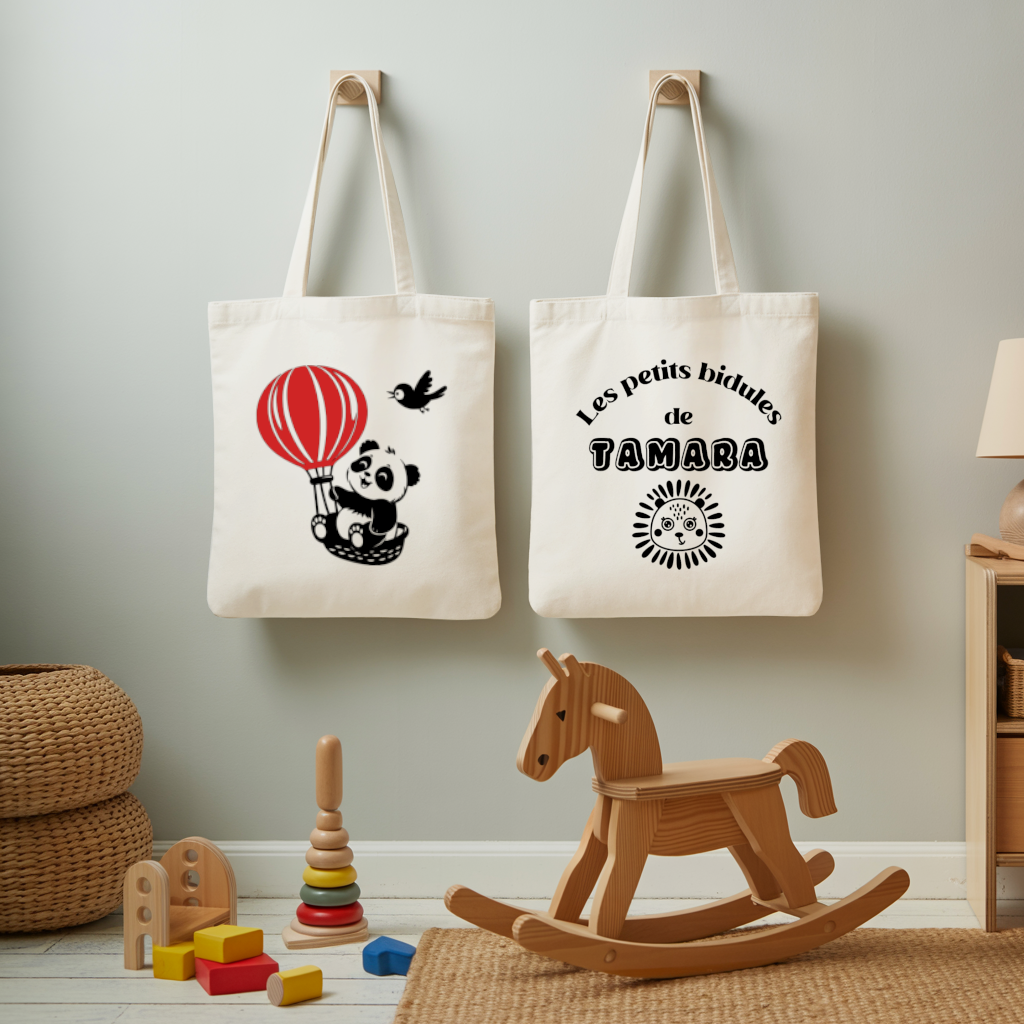 Tote bag bébé personnalisé face Voyage léger et face prénom en coton avec flocage, cadeau naissance - MARJANE et Cie