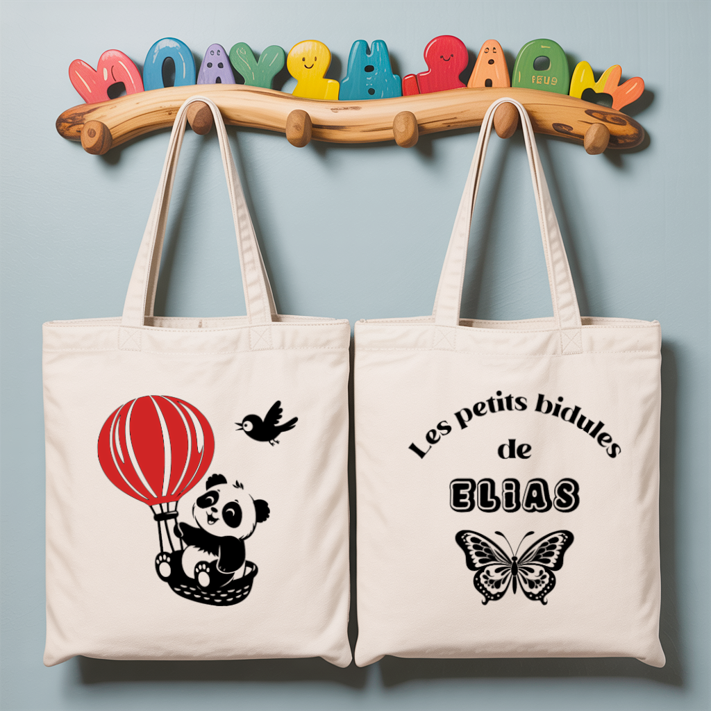 Tote bag bébé personnalisé recto Voyage léger et verso prénom en coton blanc avec flocage couleur - MARJANE et Cie