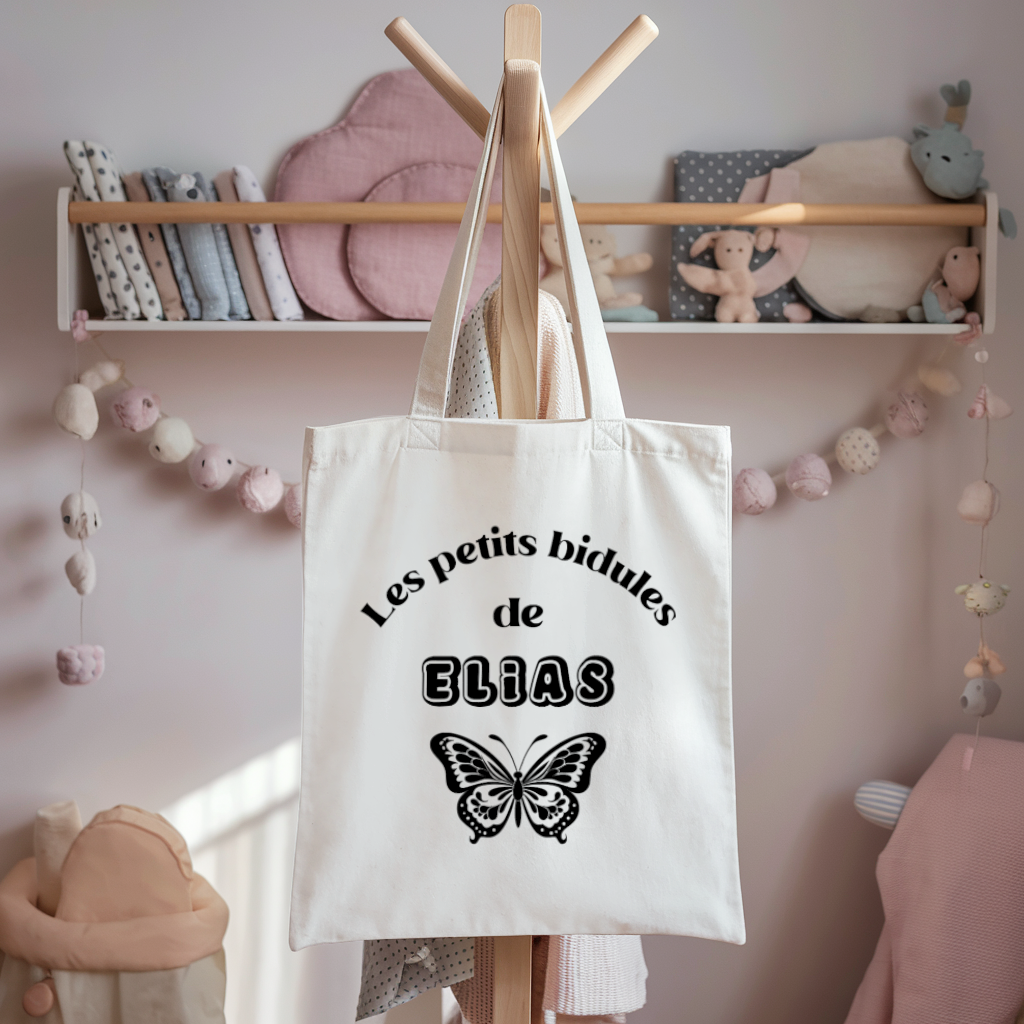 Tote bag bébé personnalisable Voyage léger face texte et papillon, coton, flocage couleur, cadeau naissance - MARJANE et Cie