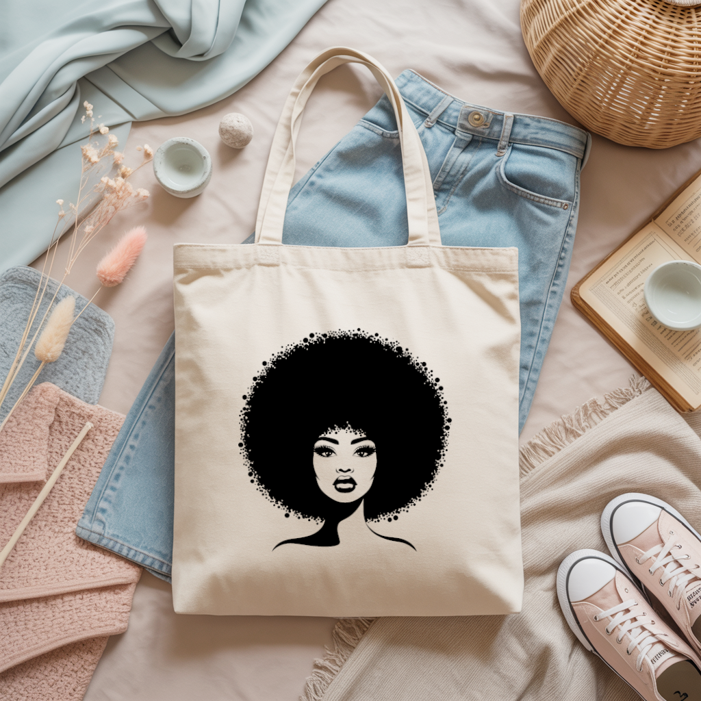 Tote bag femme avec illustration féminine affirmée en flocage noir posé à plat - MARJANE et Cie