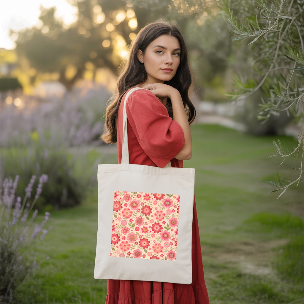 Tote bag femme porté, motif fleurs aux couleurs douces - MARJANE et Cie