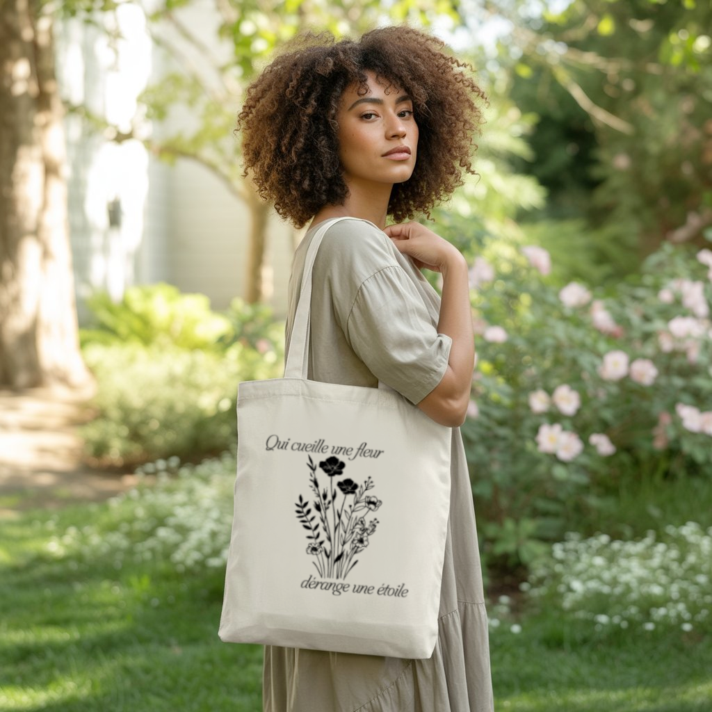 Tote bag femme porté, citation poétique visible écologique, nature, design naturel, flocage - MARJANE et Cie