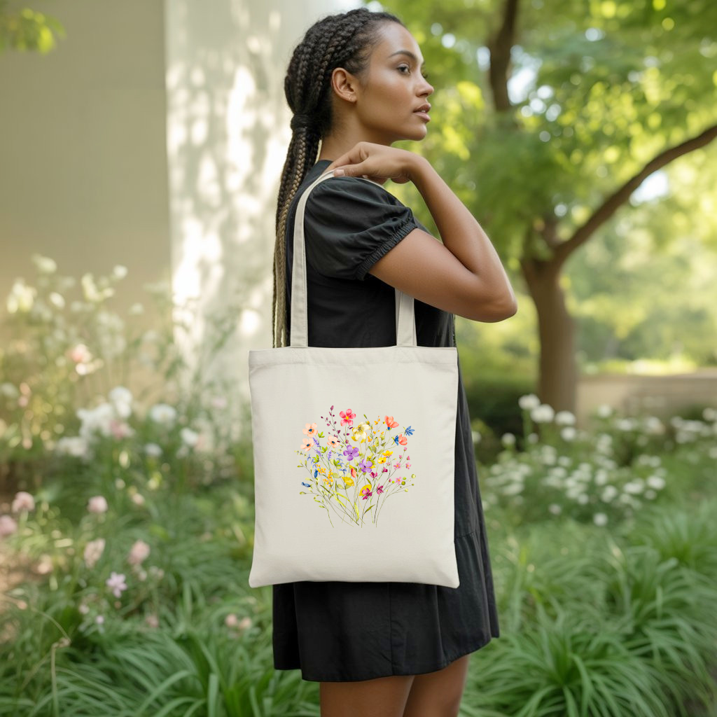 Tote bag femme porté, fleurs des champs aux couleurs douces - MARJANE et Cie