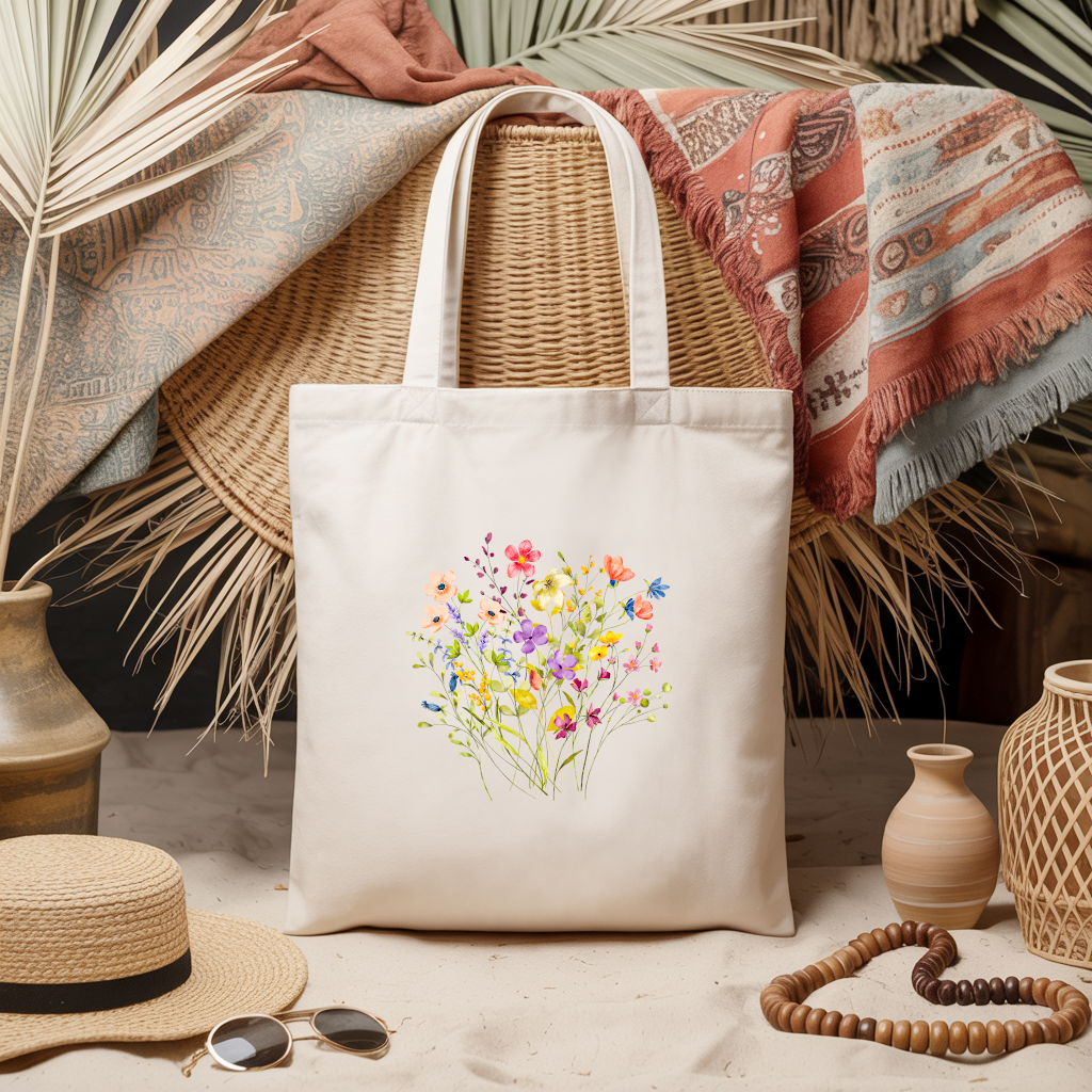 Tote bag femme fleurs des champs en couleur - MARJANE et Cie