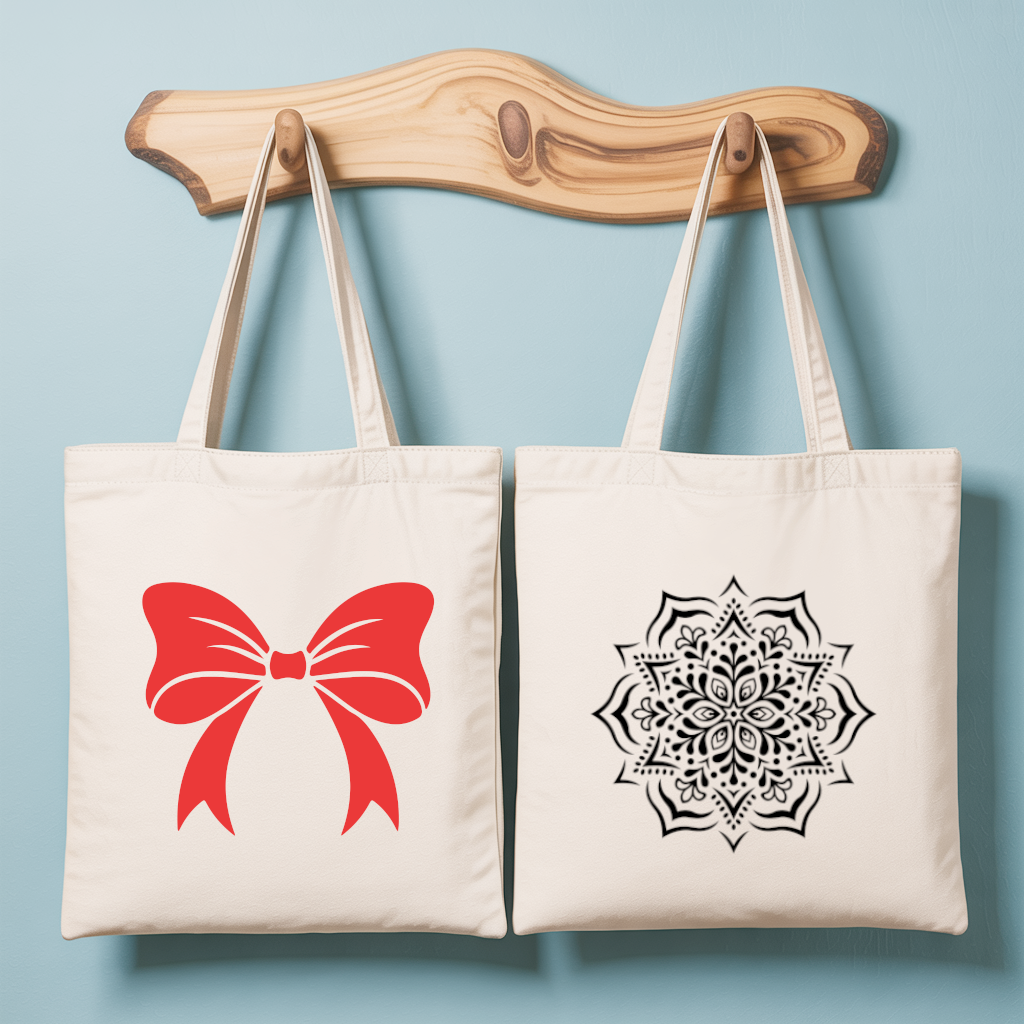 Tote bag femme avec nœud rouge graphique en couleur et mandala monochrome, double face floquée - MARJANE et Cie