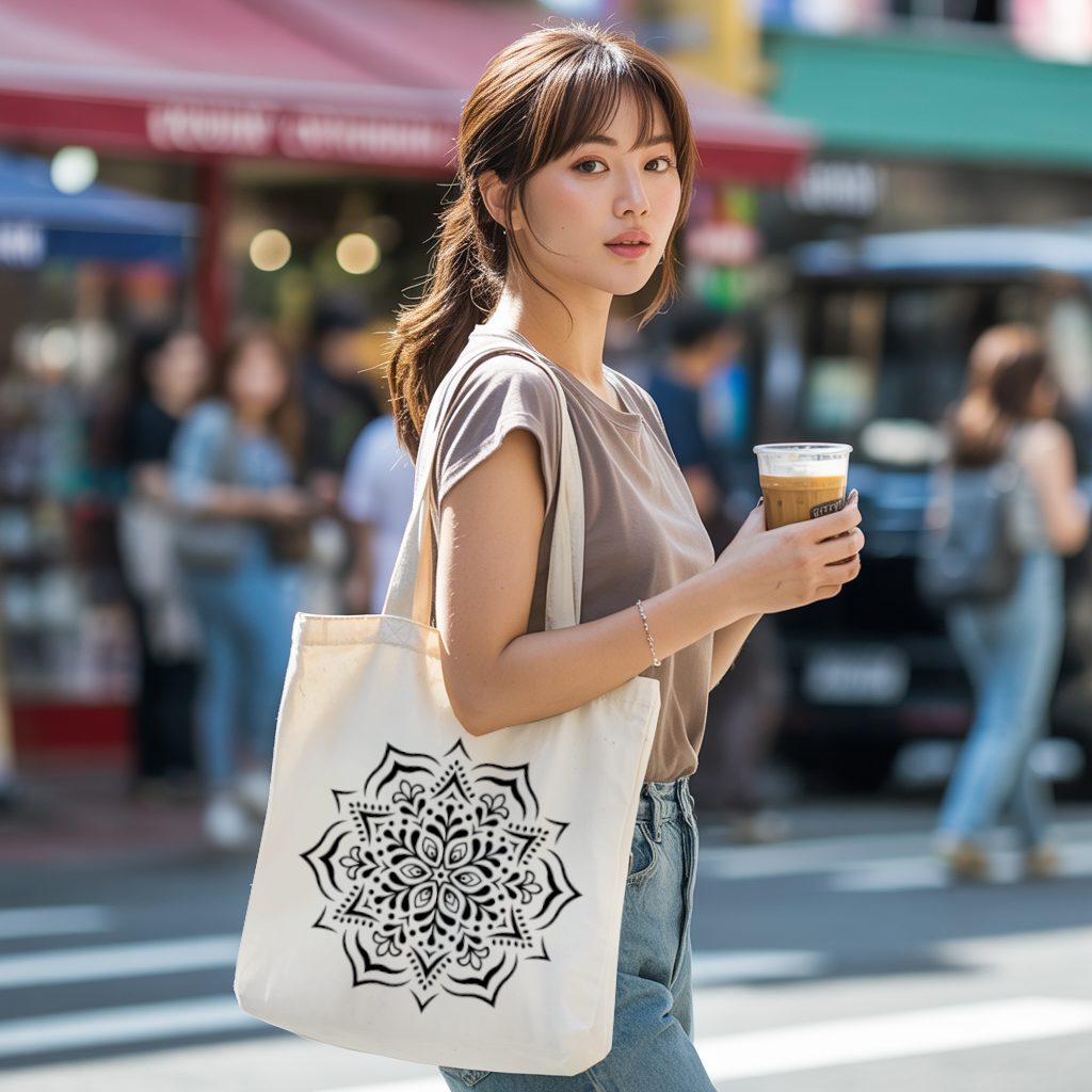 Tote bag femme porté, mandala graphique monochrome visible, flocage - MARJANE et Cie
