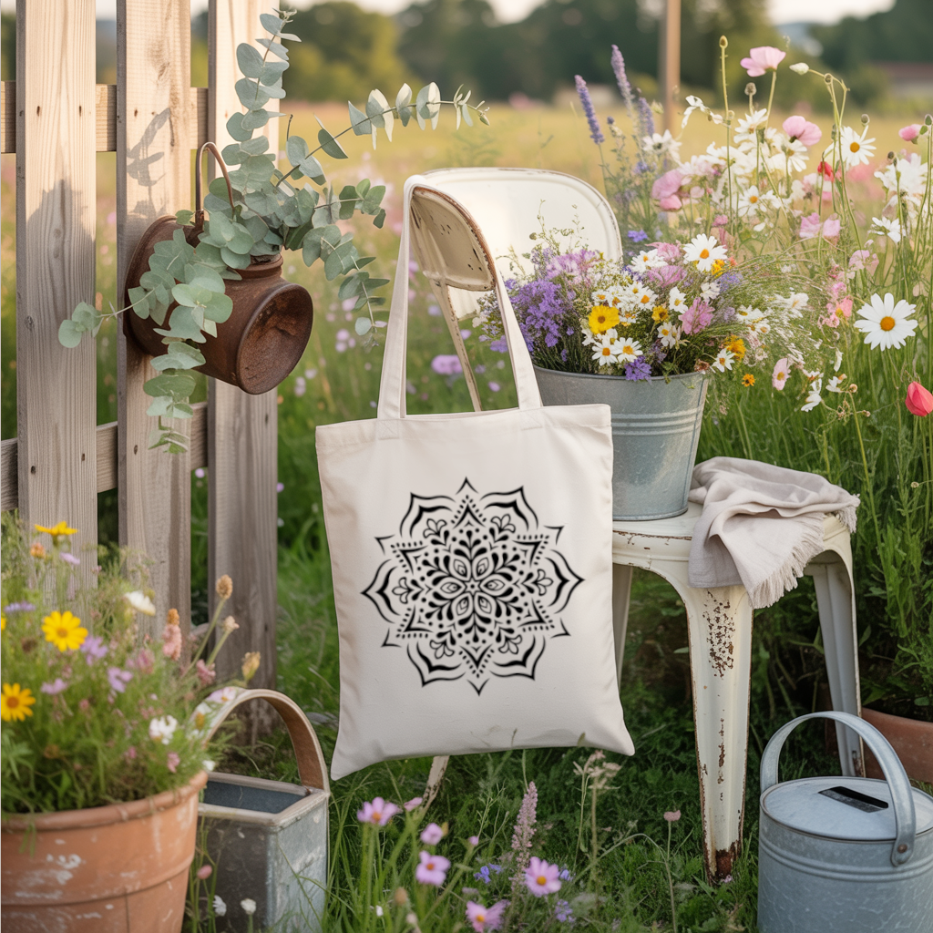 Tote bag femme mandala monochrome, suspendu à une chaise de jardin - MARJANE et Cie