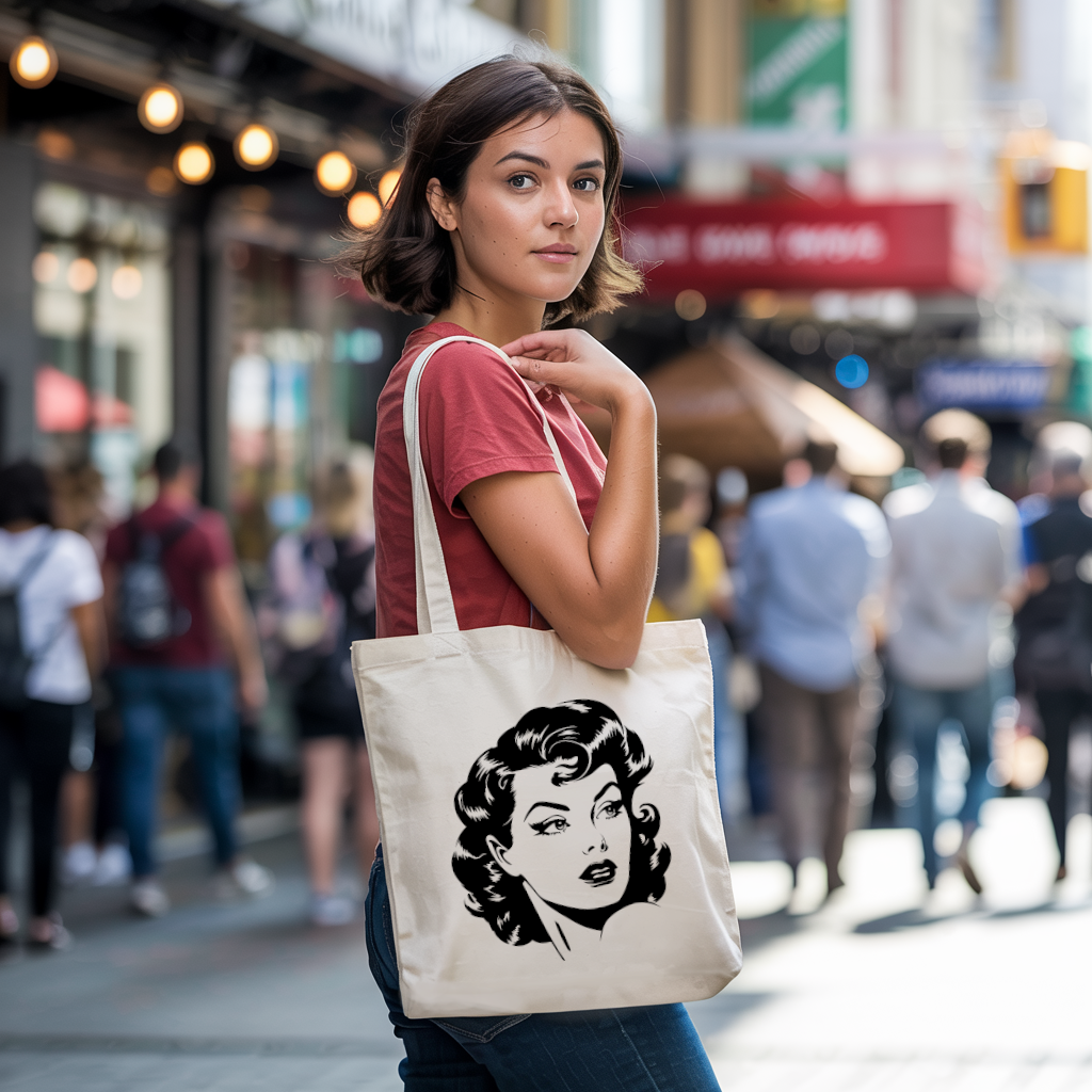 Tote bag femme rétro visage d’une femme élégante porté par une femme - MARJANE et Cie