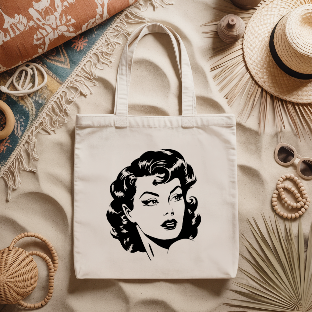 Tote bag femme illustration rétro d’une femme magnifique posé à plat - MARJANE et Cie