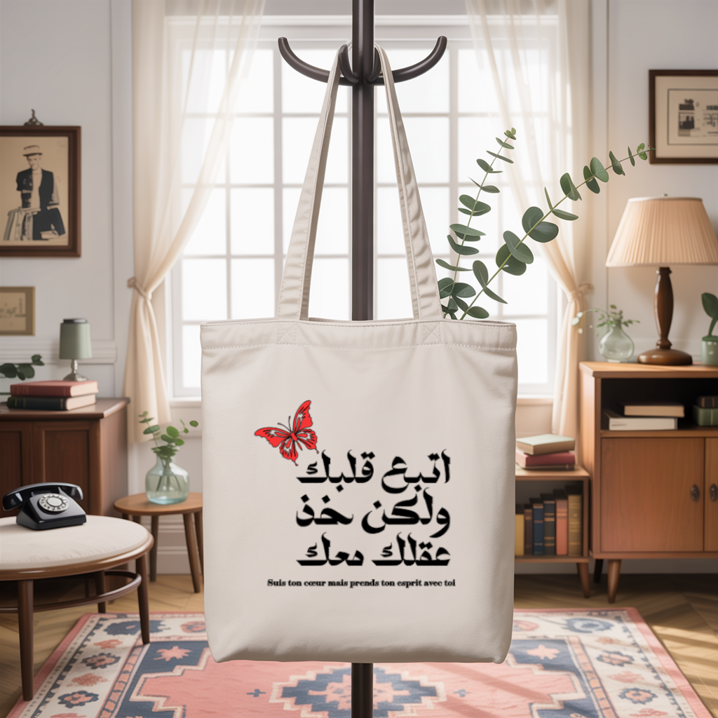 Tote bag femme citation inspirante monochrome par flocage noir suspendu à un porte manteau - MARJANE et Cie