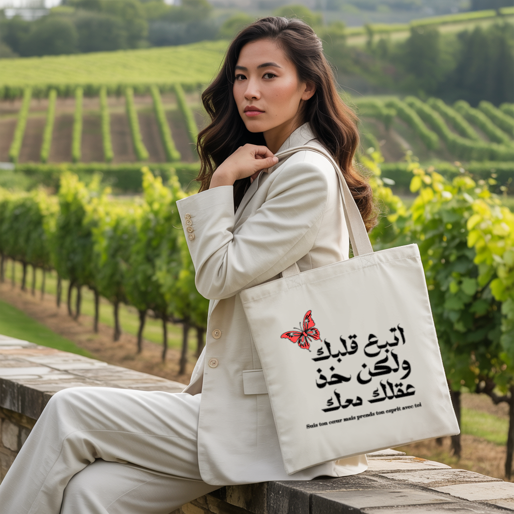 Tote bag femme avec citation en arabe inspirante flocage monochrome porté par une femme - MARJANE et Cie