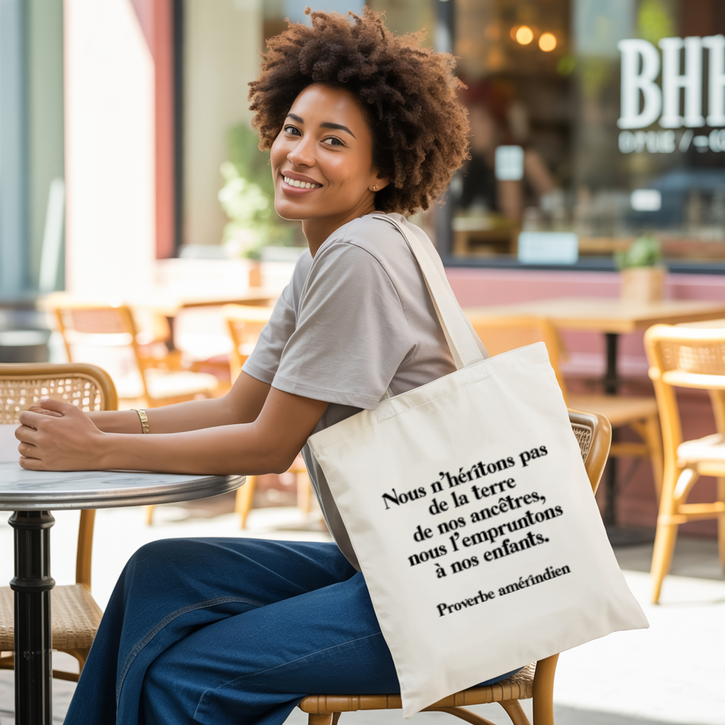 Tote bag femme porté, citation engagée écologie mise en valeur en monochrome - MARJANE et Cie