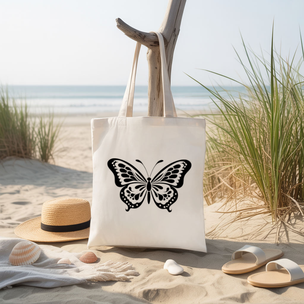 Tote bag femme papillon monochrome, flocage monochrome noir - MARJANE et Cie