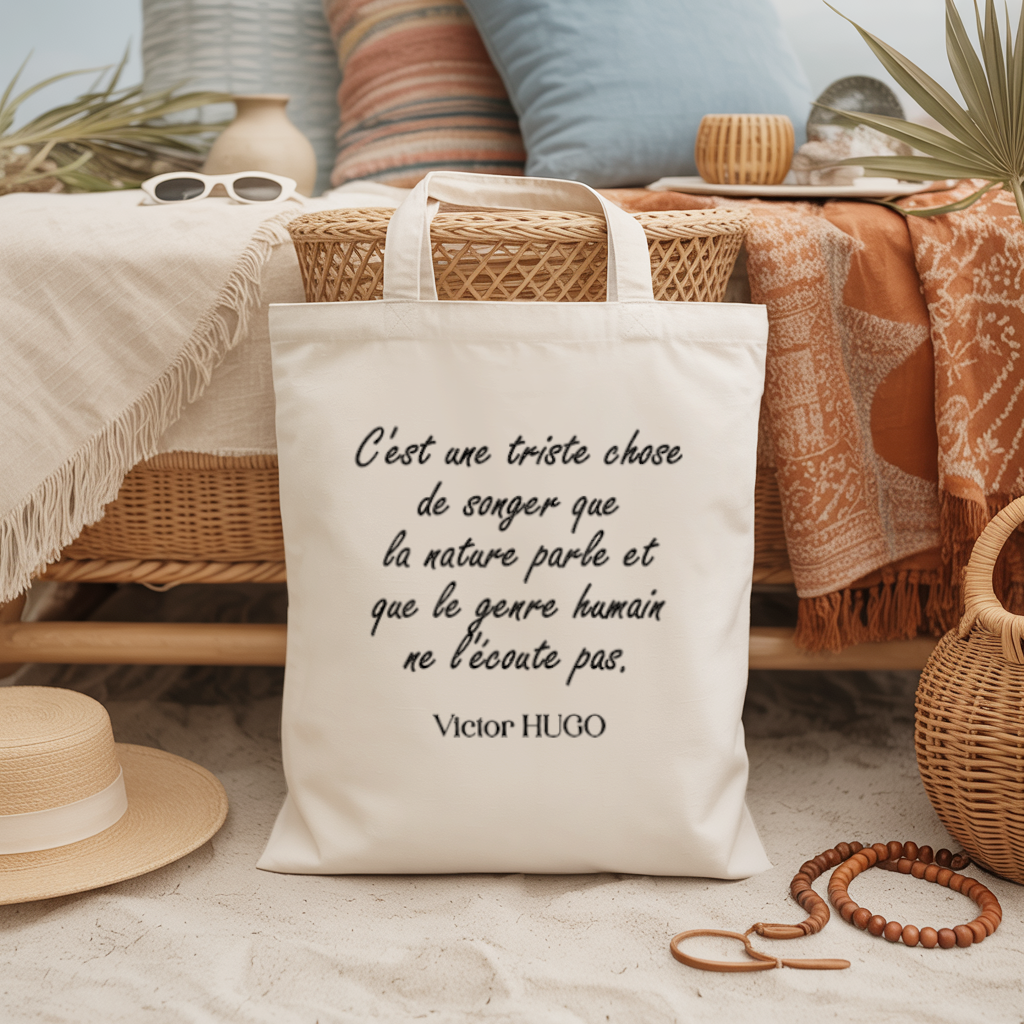 Tote bag femme citation de Victor Hugo flocage noir, message engagement nature - MARJANE et Cie