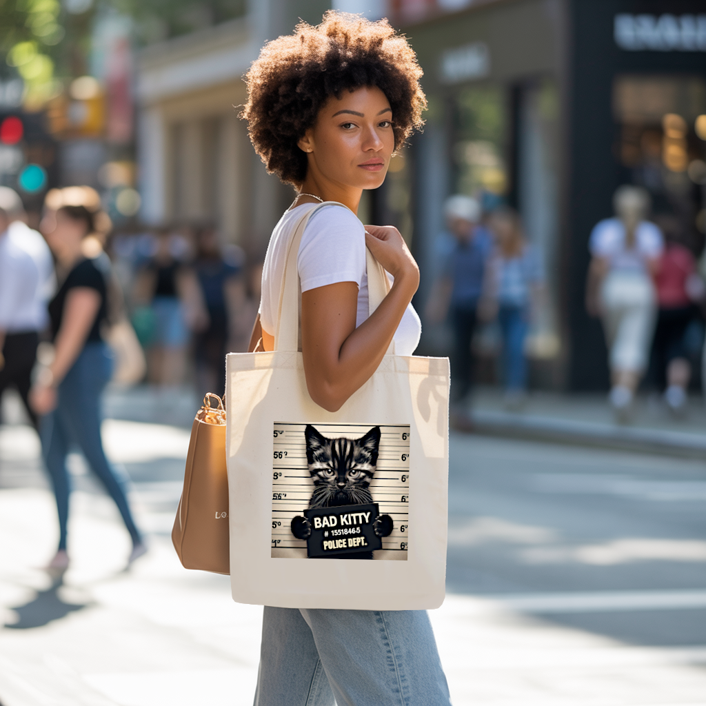 Tote bag chat femme porté par une femme avec élégance – illustration colorée recto - MARJANE et Cie
