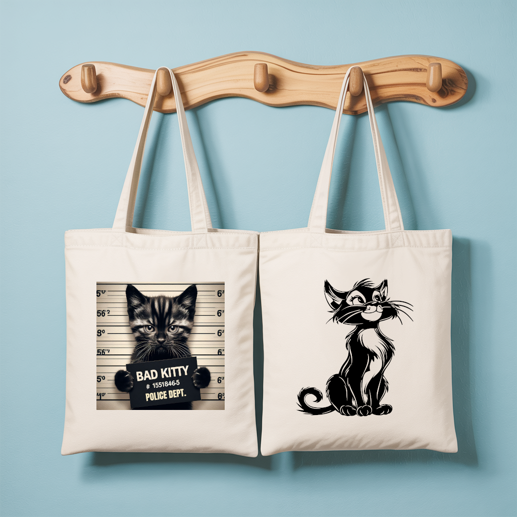 Tote bag femme avec illustration de chat en couleur et verso chat monochrome humoristique - MARJANE et Cie