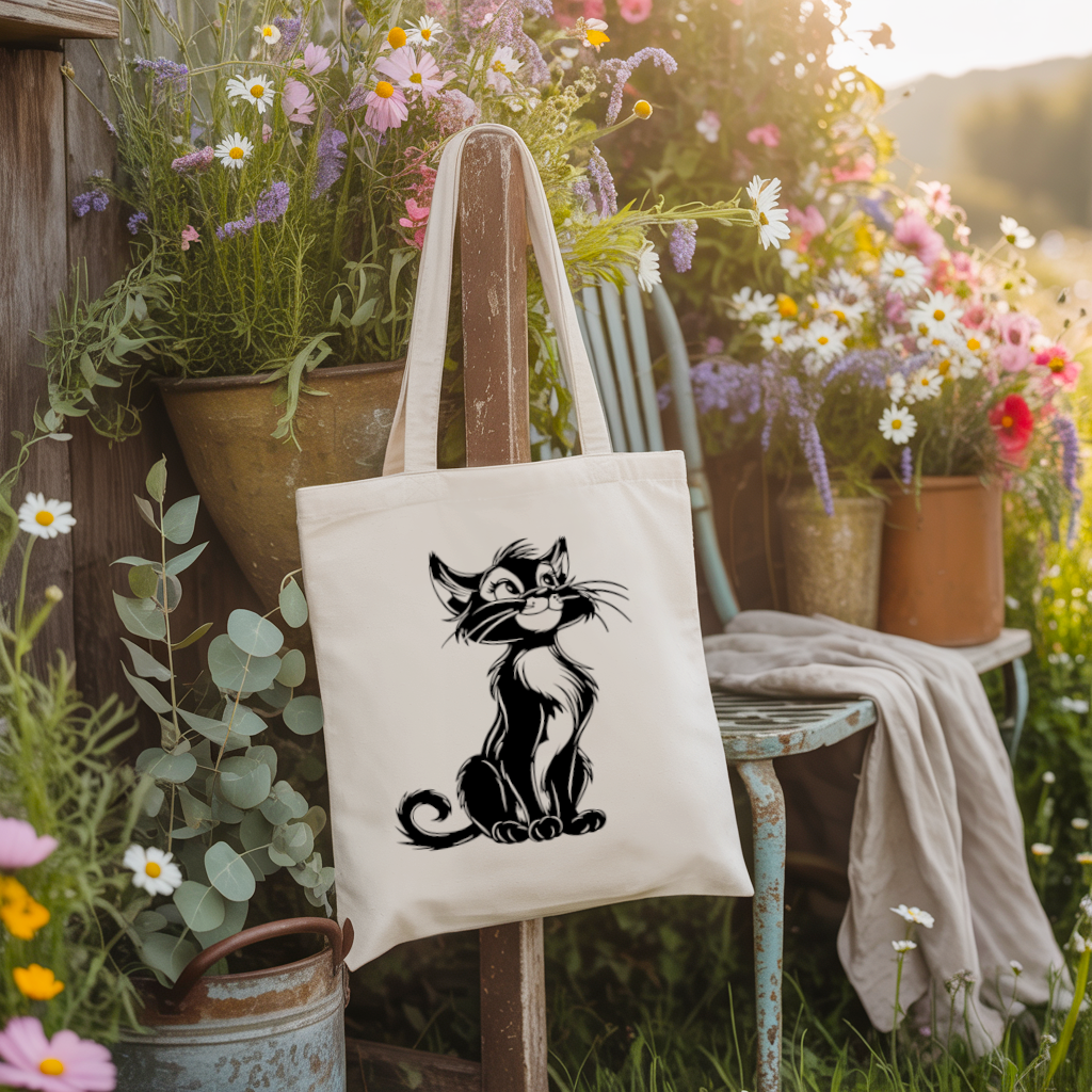 Tote bag chat femme verso noir suspendu à une chaise de jardin - MARJANE et Cie