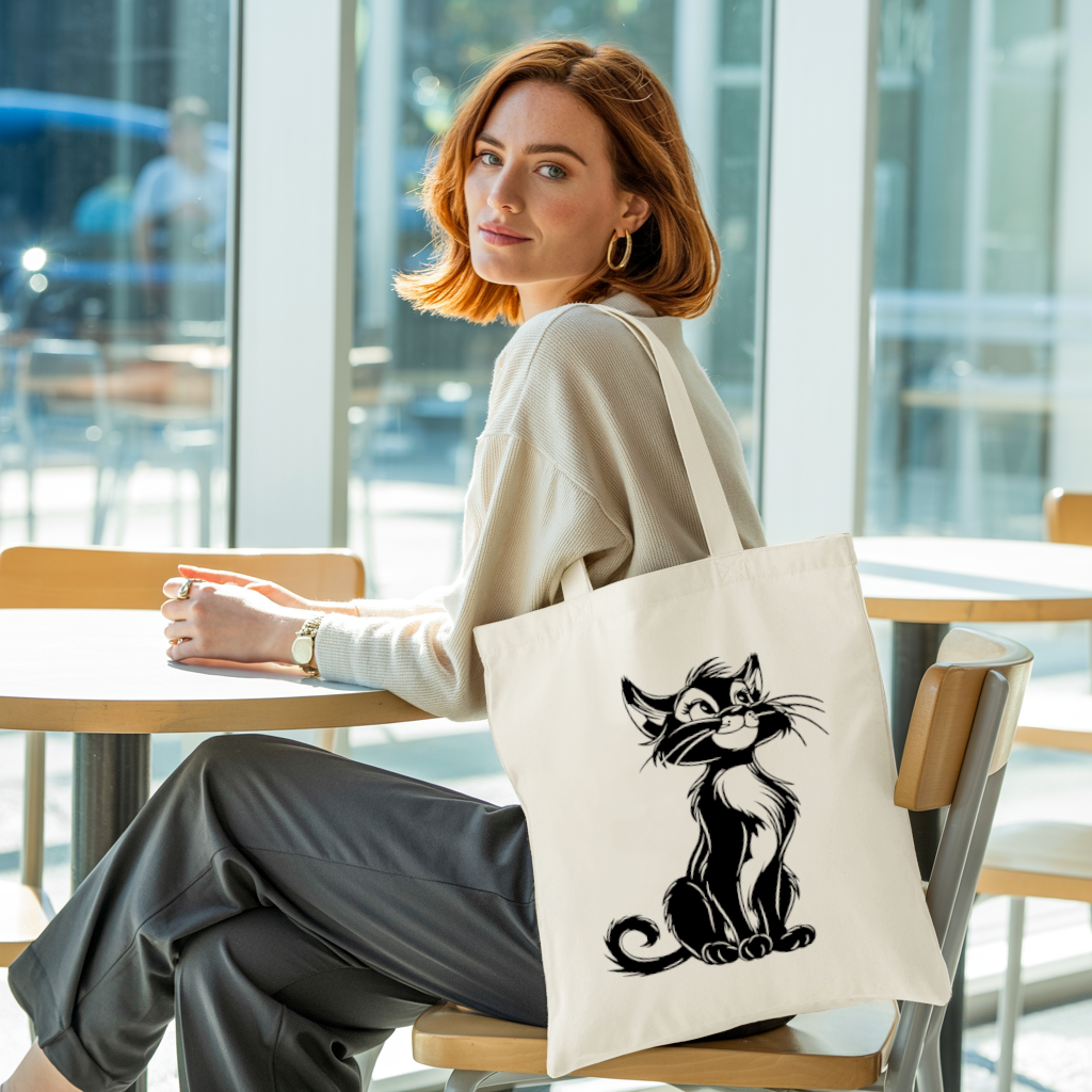 Tote bag chat femme humoristique porté en situation par une femme – flocage monochrome noir - MARJANE et Cie