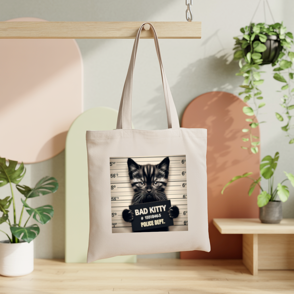 Tote bag chat femme recto en couleur suspendu – design comique mug shot - MARJANE et Cie