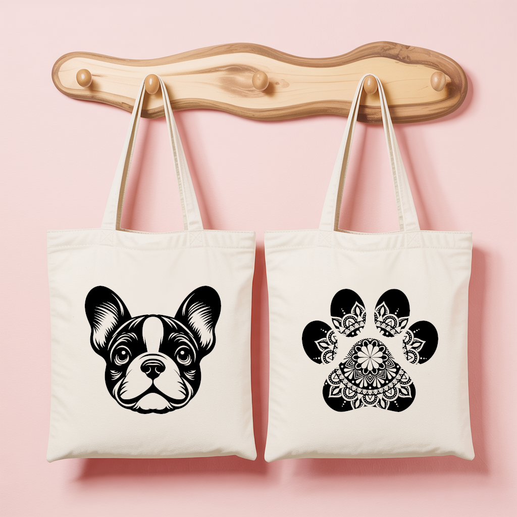 Tote bag femme avec chien bouledogue français et patte mandala en flocage monochrome - MARJANE et Cie