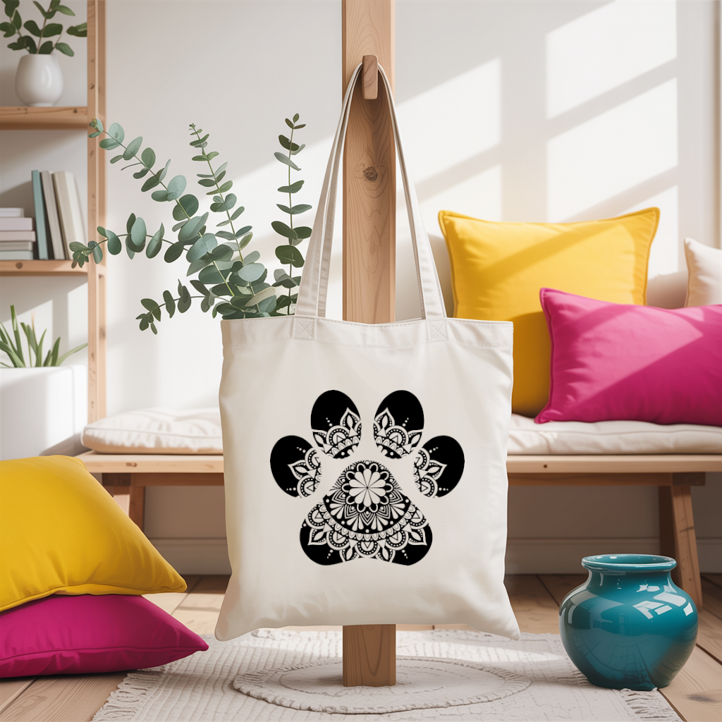 Tote bag femme patte de chien mandala monochrome par flocage suspendu - MARJANE et Cie